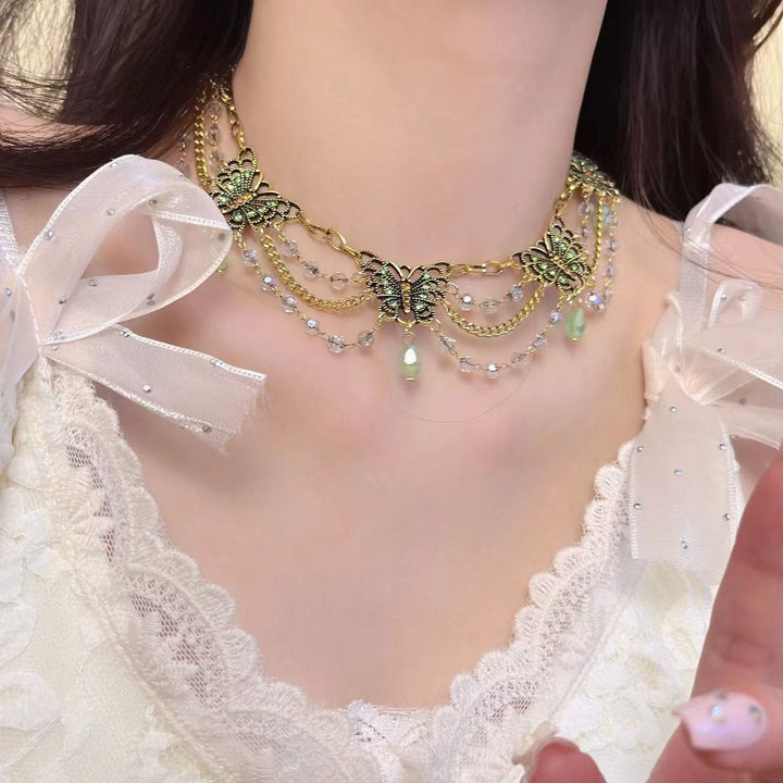 Layered green butterfly pendant choker necklace  | Festival Outfits Women