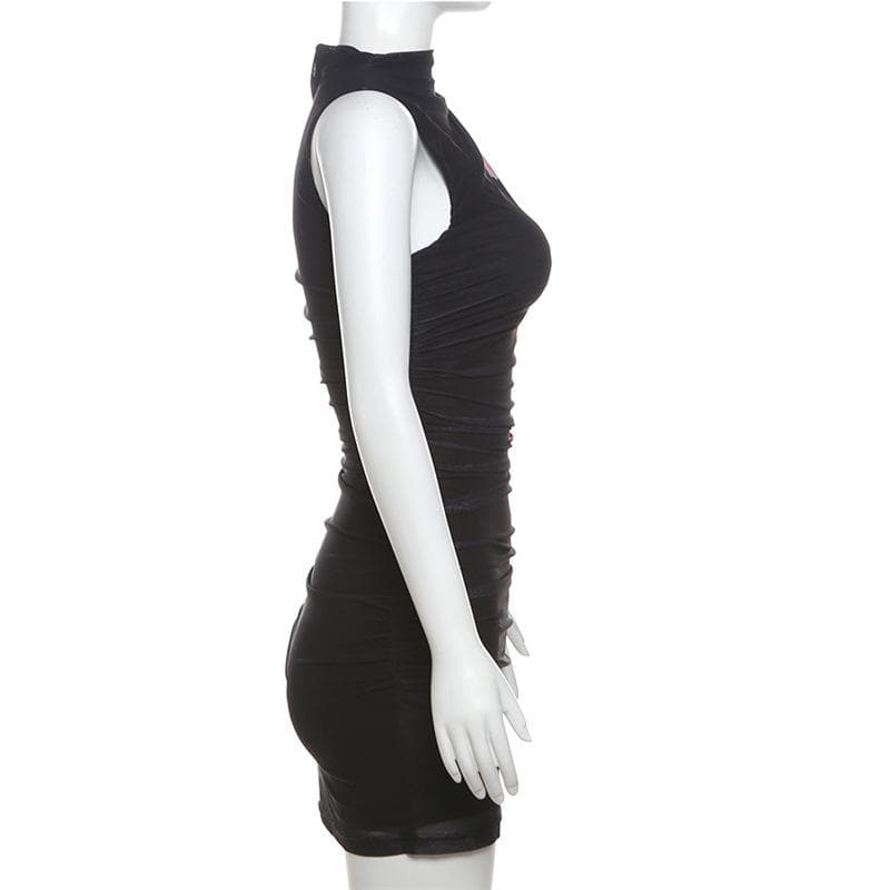 Sleeveless ruched mesh print mini dress  | Festival Outfits Women