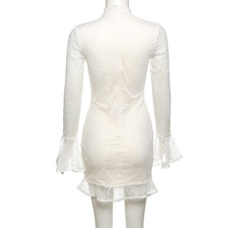 Lace solid long flared sleeve hollow out high neck ruffle mini dress-final-sale  | Festival Outfits Women
