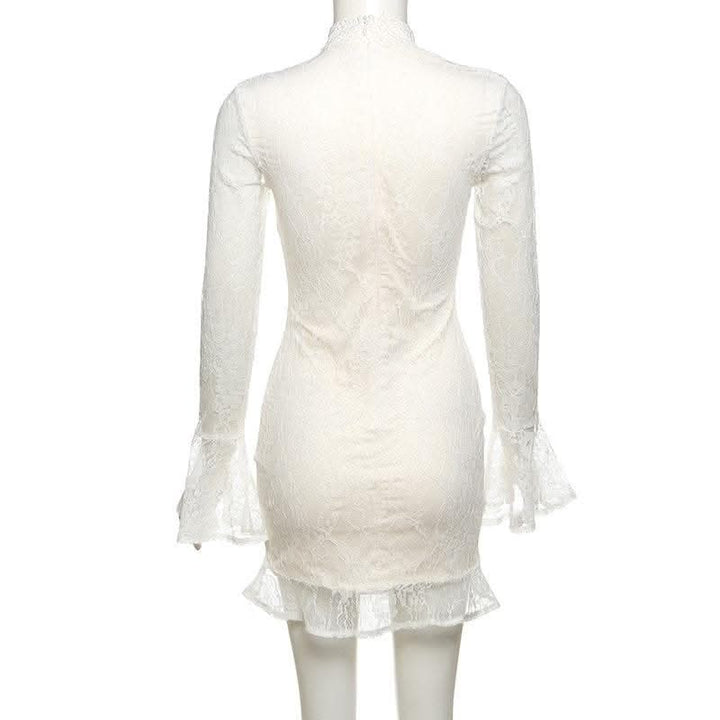 Lace solid long flared sleeve hollow out high neck ruffle mini dress-final-sale  | Festival Outfits Women