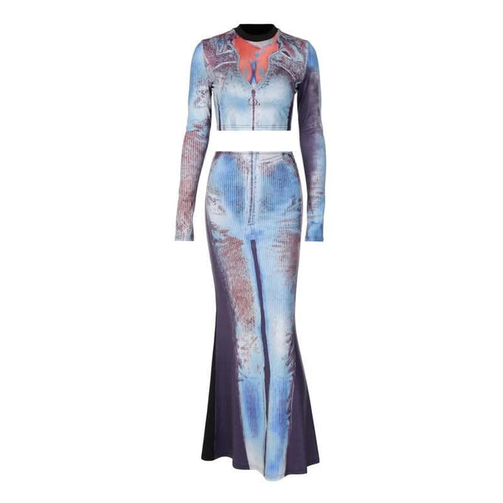 Contrast body print long sleeve high neck patchwork maxi skirt set-final-sale  | Festival Outfits Women