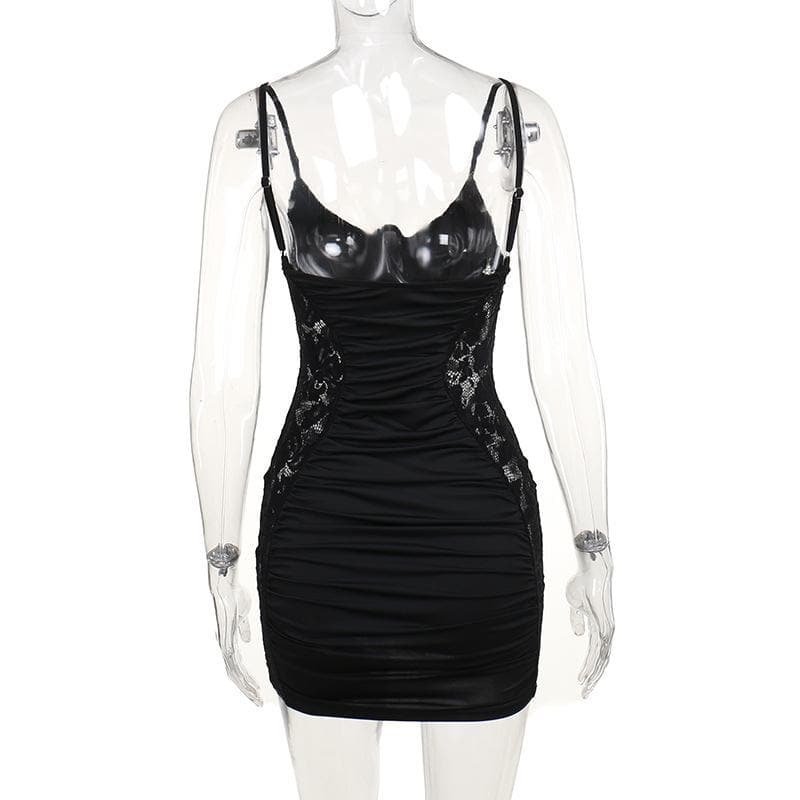 V neck lace ruched backless cami mini dress  | Festival Outfits Women