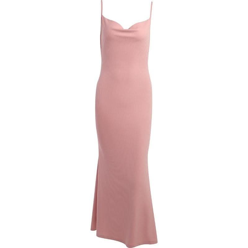 Sleeveless solid ribbed cowl neck backless ruffle maxi dress-final-sale  | Festival Outfits Women