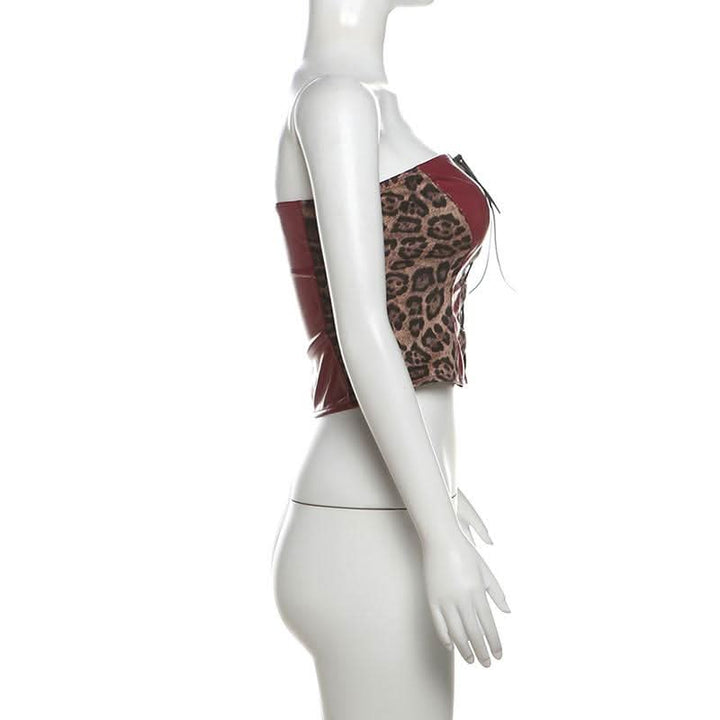 Leopard print lace up PU leather patchwork tube top  | Festival Outfits Women  | Cheetah Print Top