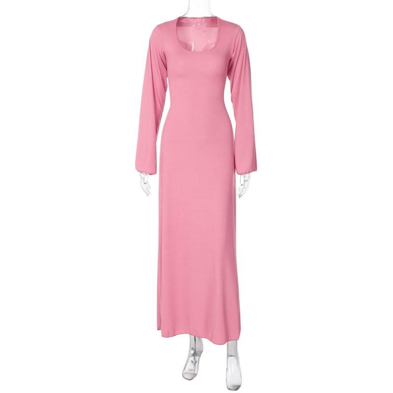 Long sleeve u neck ribbed solid maxi dress  | Festival Outfits Women