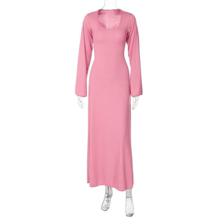 Long sleeve u neck ribbed solid maxi dress  | Festival Outfits Women