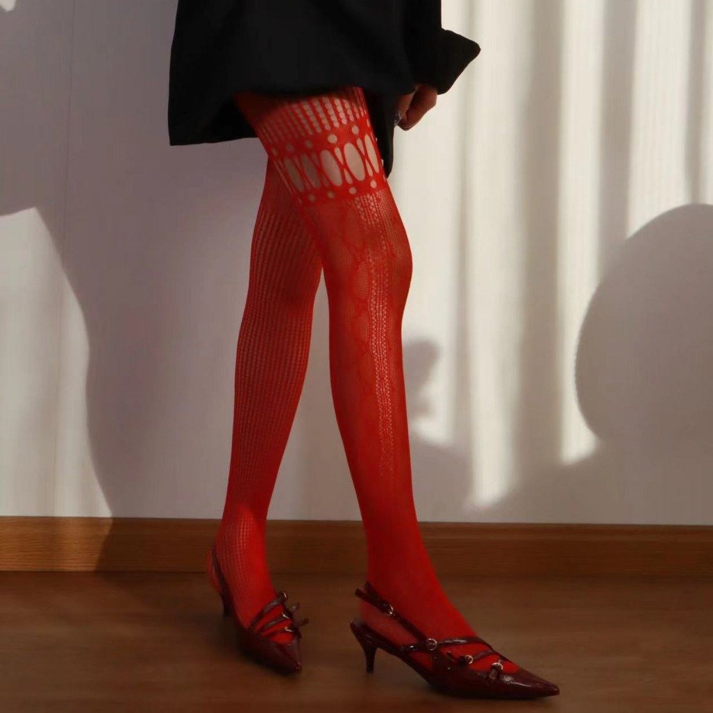 Asymmetrical fishnet vertical stripe hollow out tights  | Festival Outfits Women