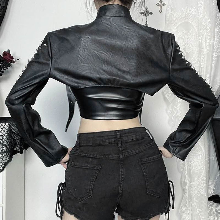 High neck PU leather zip-up hollow out shrug cut out top  | Festival Outfits Women