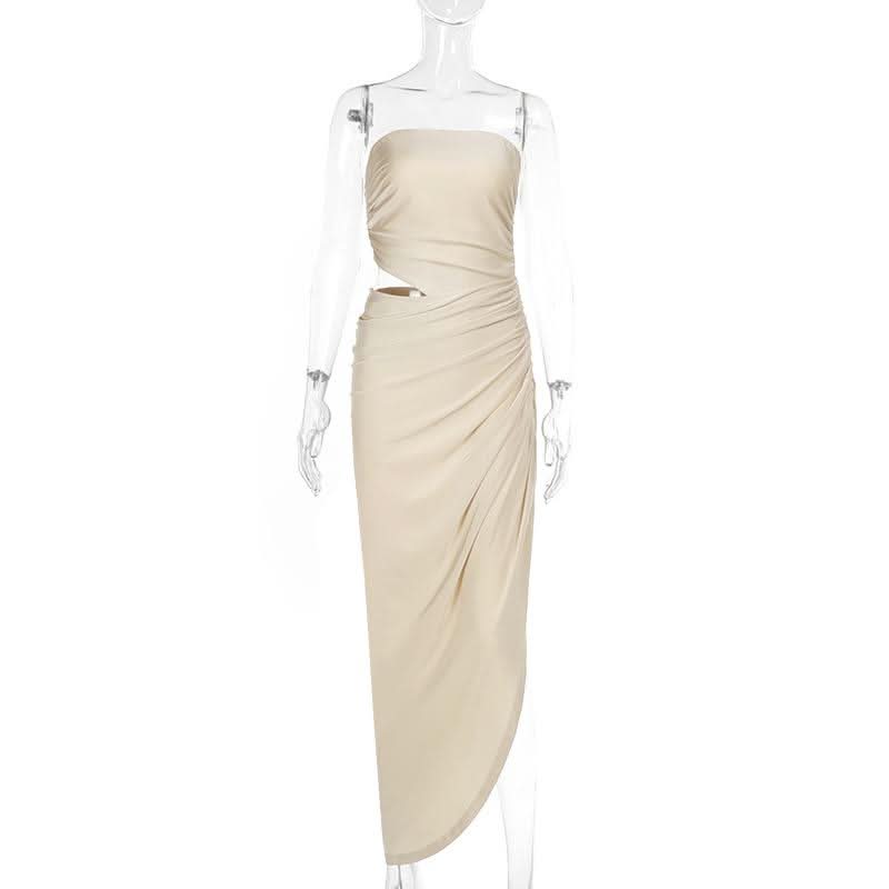 Ruched irregular hollow out solid tube cut out maxi dress  | Festival Outfits Women