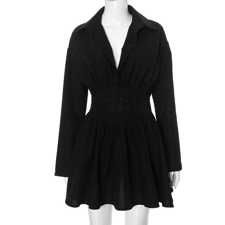 Zip-up long sleeve turnover collar embroidery mini dress  | Festival Outfits Women