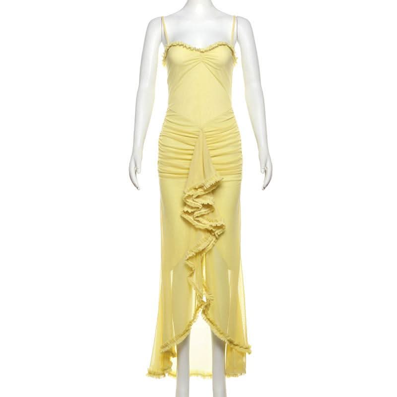 Mesh ruffle solid backless cami maxi dress  | Festival Outfits Women