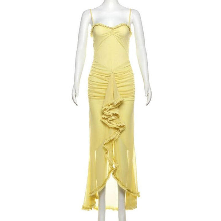 Mesh ruffle solid backless cami maxi dress  | Festival Outfits Women