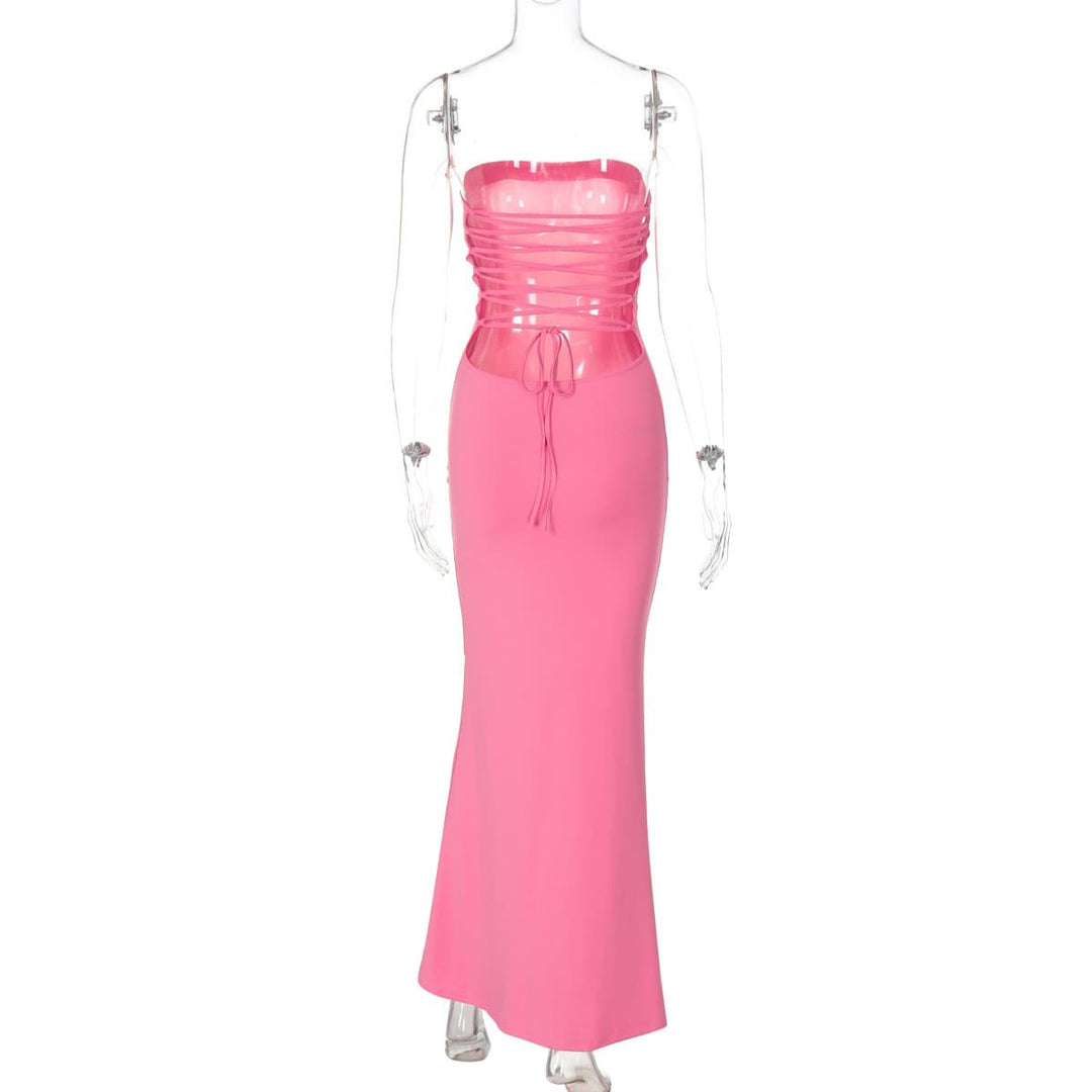 Lace up knotted solid backless tube maxi dress  | Festival Outfits Women