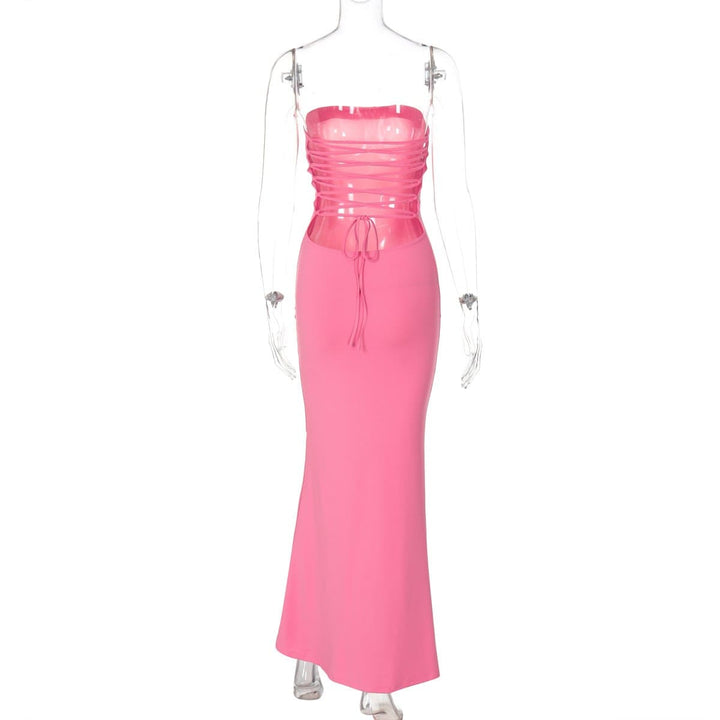Lace up knotted solid backless tube maxi dress  | Festival Outfits Women