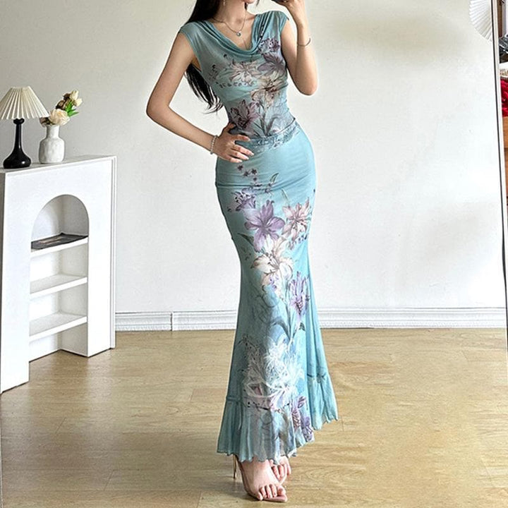 Ruched ruffle cowl neck  flower print mesh maxi skirt set-final-sale