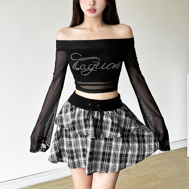 Long sleeve off shoulder mesh letter pattern beaded top  | Festival Outfits Women