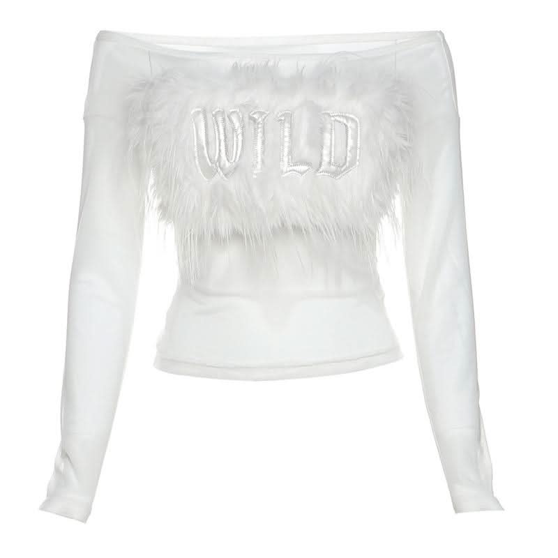 Long sleeve off shoulder feather letter embroidery top  | Festival Outfits Women
