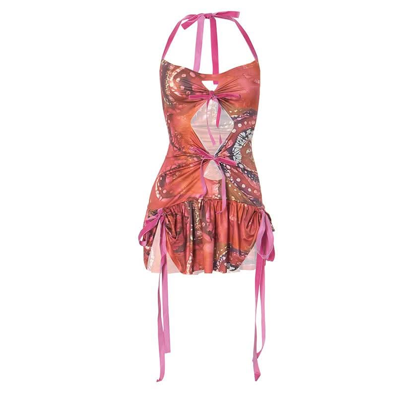 Halter self tie ruched hollow out print cut out mini dress-final-sale