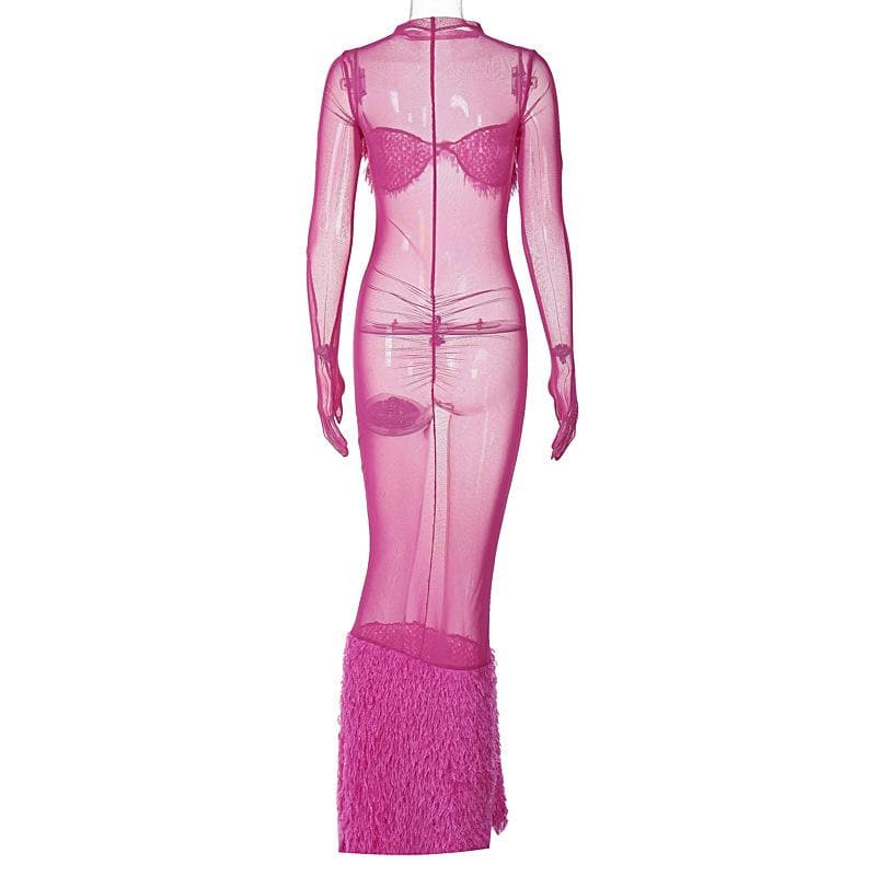 Long sleeve gloves high neck feather mesh see through maxi dress  | Festival Outfits Women