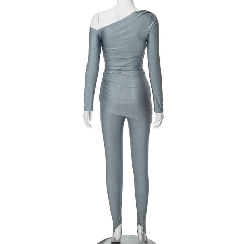 Ruched off shoulder long sleeve irregular solid pant set-final-sale  | Festival Outfits Women