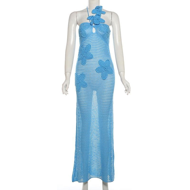 Halter knitted flower pattern see through maxi dress-final-sale  | Festival Outfits Women