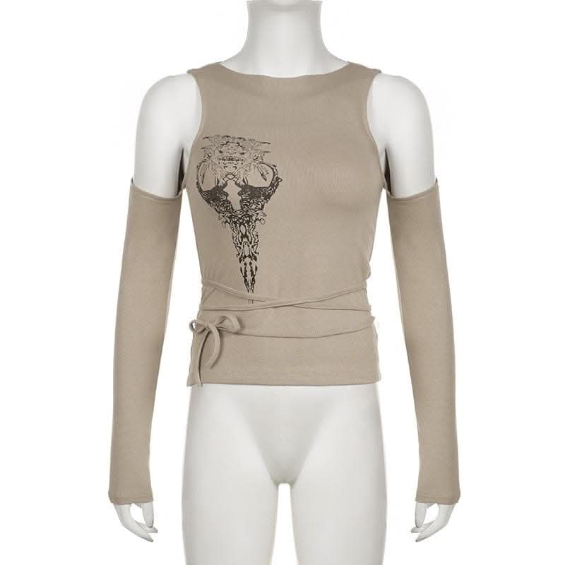 Abstract off shoulder long sleeve self tie contrast top-final-sale