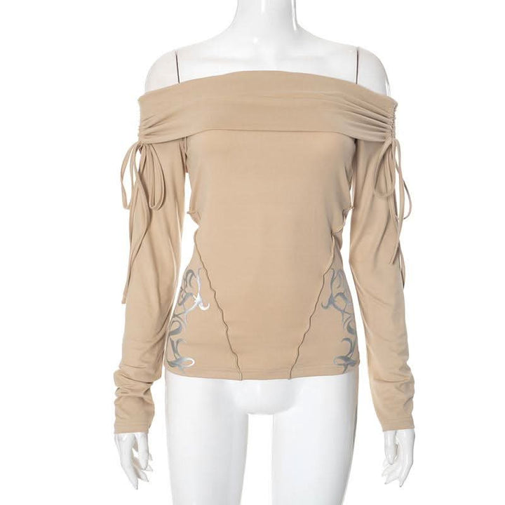 Long sleeve off shoulder ruched self tie stitch top  | Festival Outfits Women