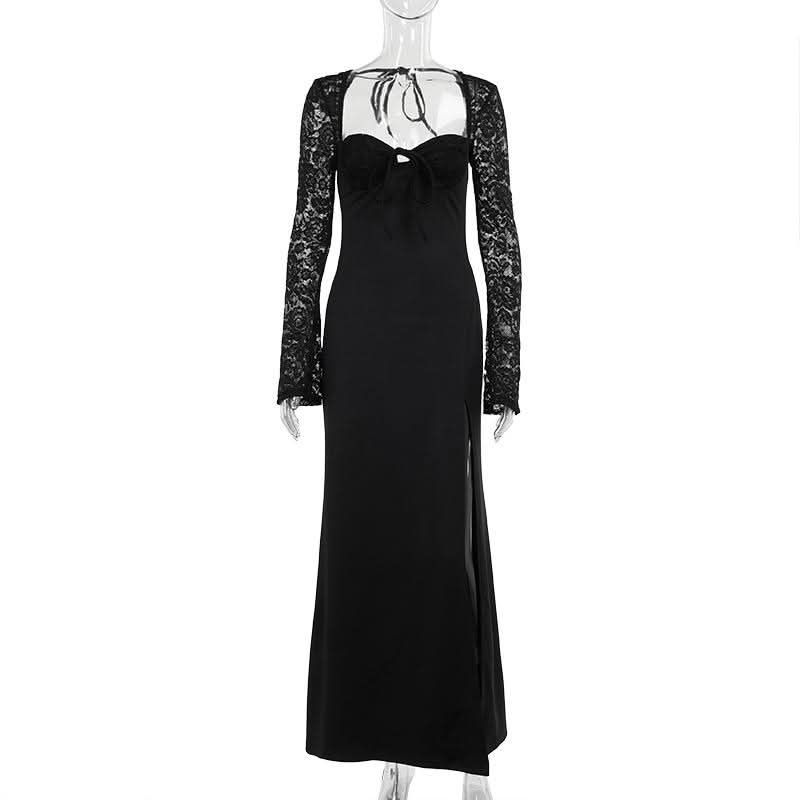 Sweetheart neck long sleeve self tie slit maxi dress  | Festival Outfits Women