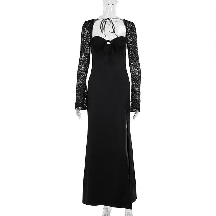 Sweetheart neck long sleeve self tie slit maxi dress  | Festival Outfits Women