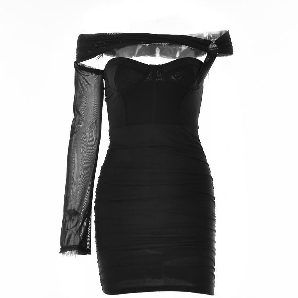 Solid one shoulder o ring hollow out mesh backless cut out mini dress-final-sale  | Festival Outfits Women