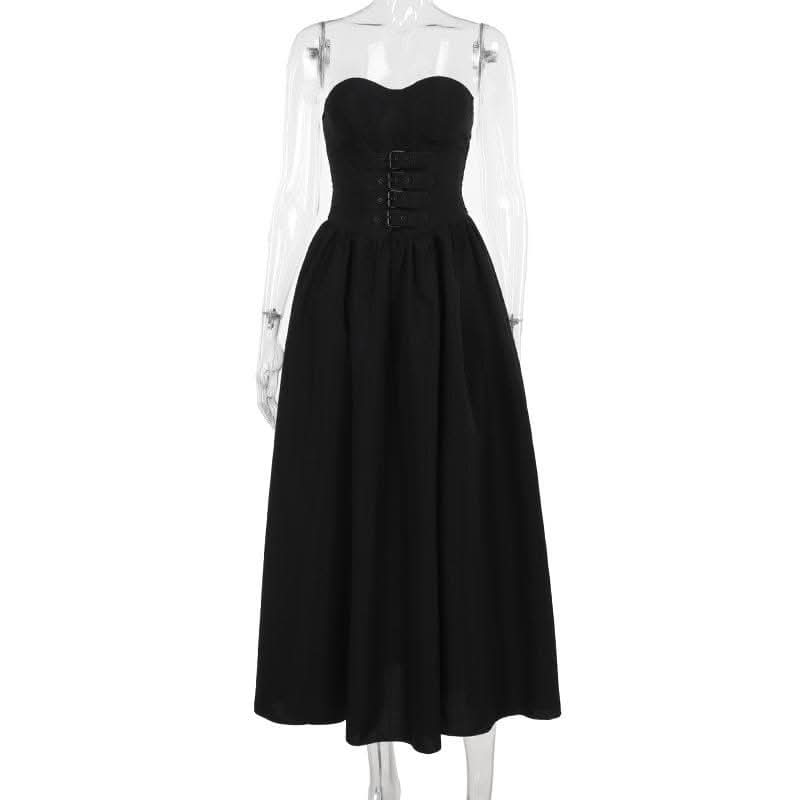 Buckle smocked sweetheart neck tube midi dress-final-sale  | Festival Outfits Women