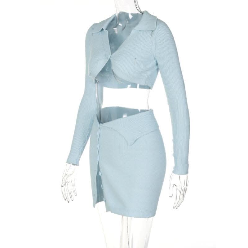 Button knitted solid long sleeve turnover collar mini skirt set-final-sale  | Festival Outfits Women