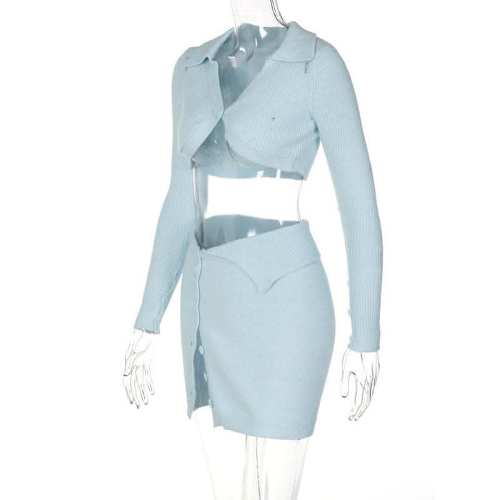 Button knitted solid long sleeve turnover collar mini skirt set-final-sale  | Festival Outfits Women