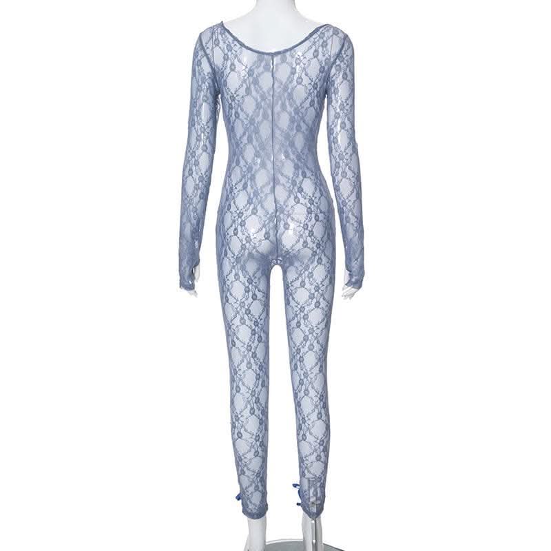 Long sleeve see through bowknot lace jumpsuit-final-sale  | Festival Outfits Women