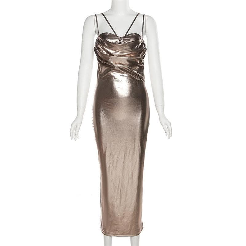 Metallic ruched backless patchwork solid midi dress- Final Sale  | Festival Outfits Women
