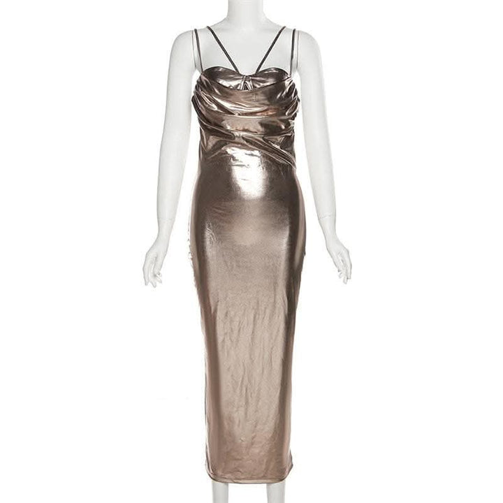 Metallic ruched backless patchwork solid midi dress- Final Sale  | Festival Outfits Women