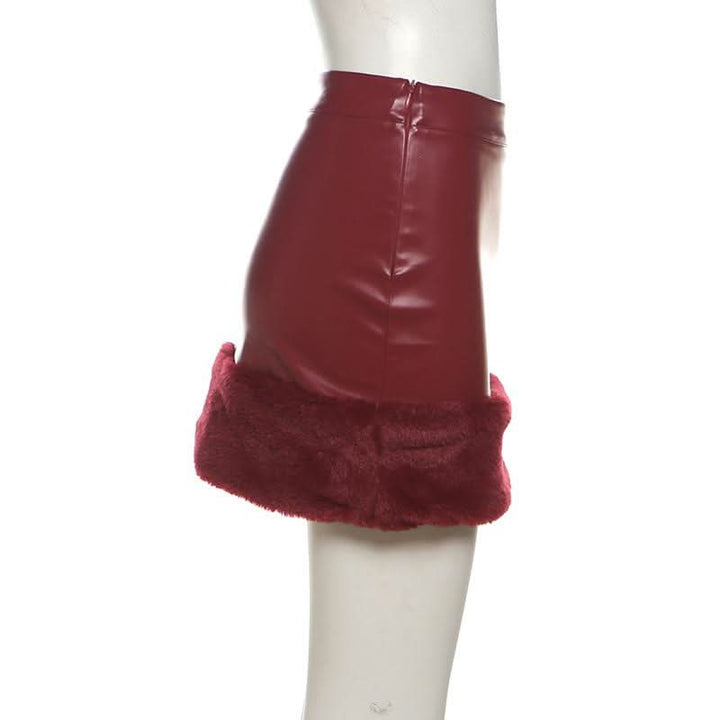 PU leather fluffy patchwork zip-up mini skirt Cargo Mini Skirt  | Festival Outfits Women