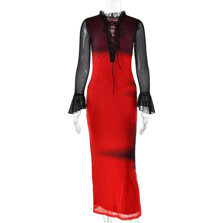 Long flared sleeve ruffle lace up mesh midi dress  | Festival Outfits Women