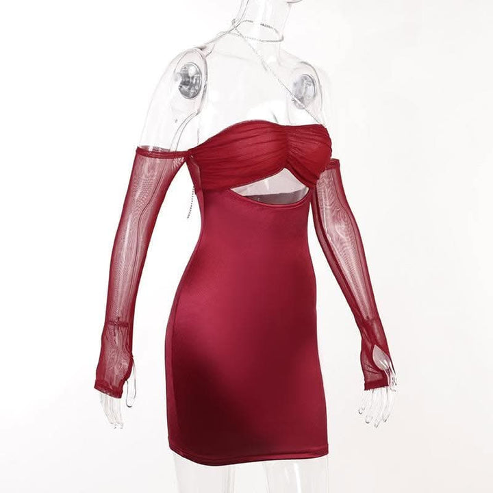 Mesh gloves solid halter ruched hollow out off shoulder cut out mini dress-final-sale  | Festival Outfits Women