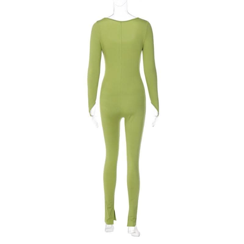 Long sleeve solid u neck slit jumpsuit- Final Sale-final-sale  | Festival Outfits Women