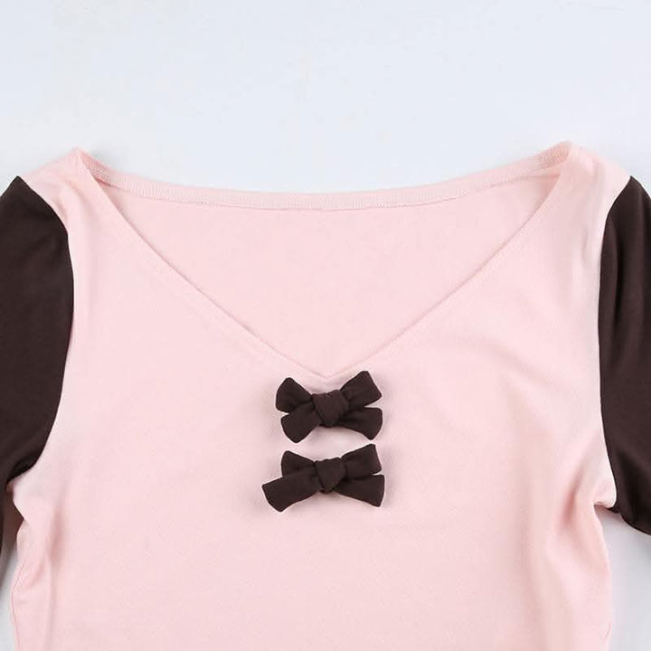 Bowknot contrast patchwork long sleeve v neck top-final-sale  | Festival Outfits Women