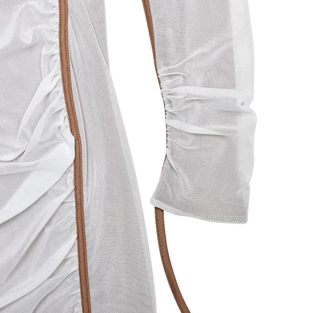 Long sleeve one shoulder ruched stitch mesh midi dress-final-sale  | Festival Outfits Women