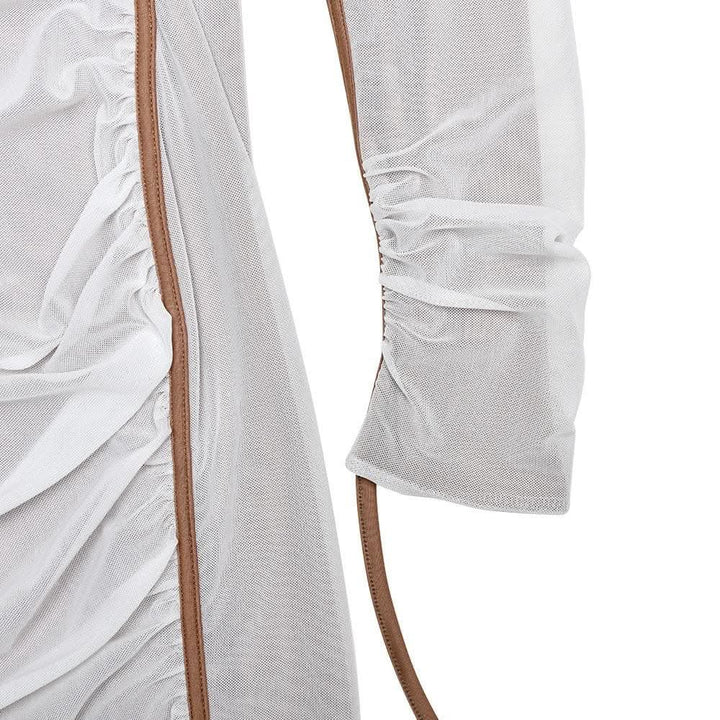 Long sleeve one shoulder ruched stitch mesh midi dress-final-sale  | Festival Outfits Women