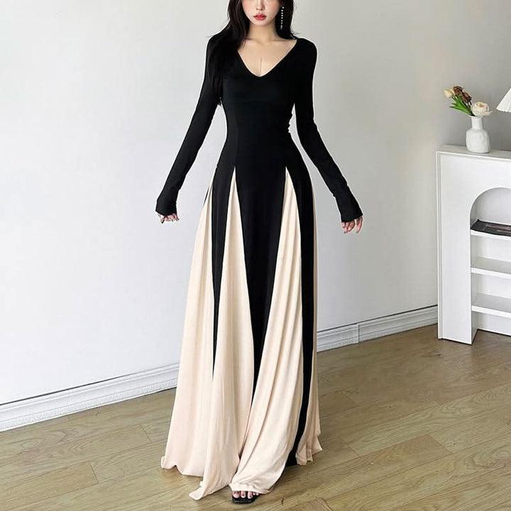 Long sleeve v neck contrast patchwork maxi dress  | Festival Outfits Women