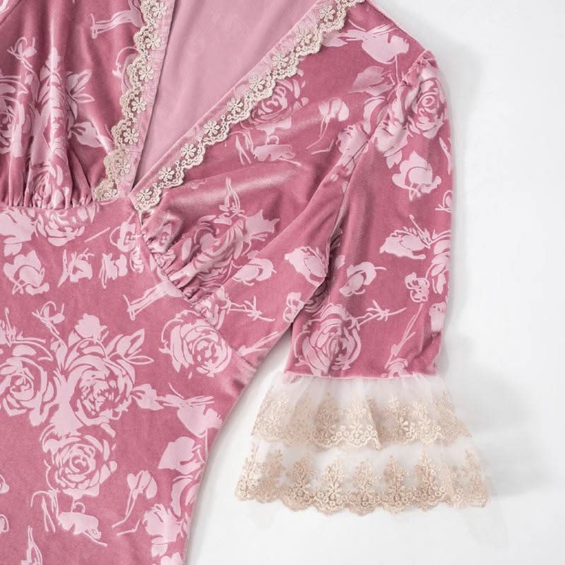 Lace hem v neck flower print velvet maxi dress  | Festival Outfits Women