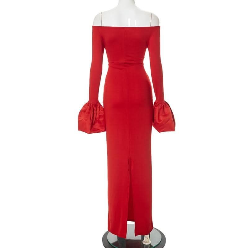 Long flared sleeve off shoulder ruched slit maxi dress-final-sale  | Festival Outfits Women