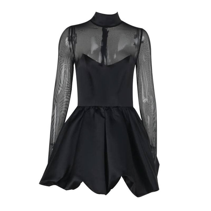 Long sleeve high neck zip-up mesh patchwork mini dress  | Festival Outfits Women