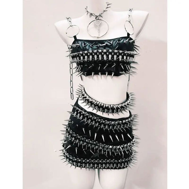O ring rivet applique PU leather metal chain mini skirt set Cargo Mini Skirt  | Festival Outfits Women