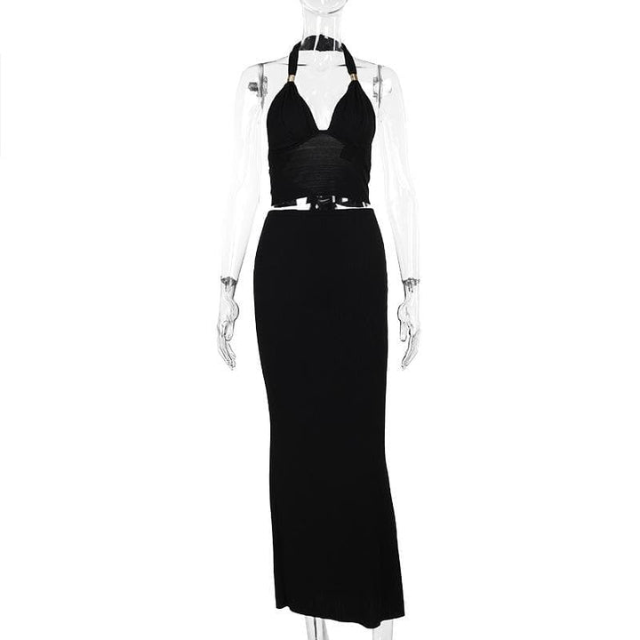 Halter v neck knotted backless maxi skirt set  | Festival Outfits Women