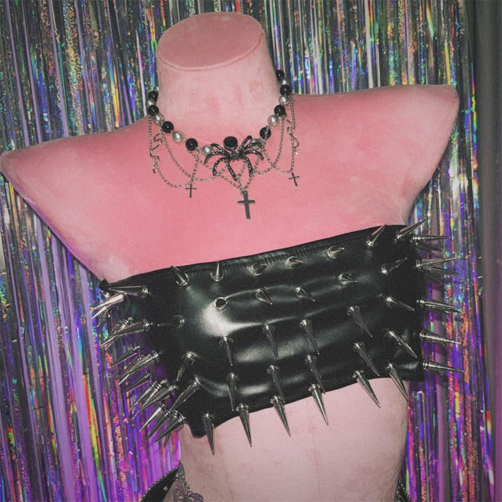 PU leather rivet applique metal chain o ring tube top  | Festival Outfits Women